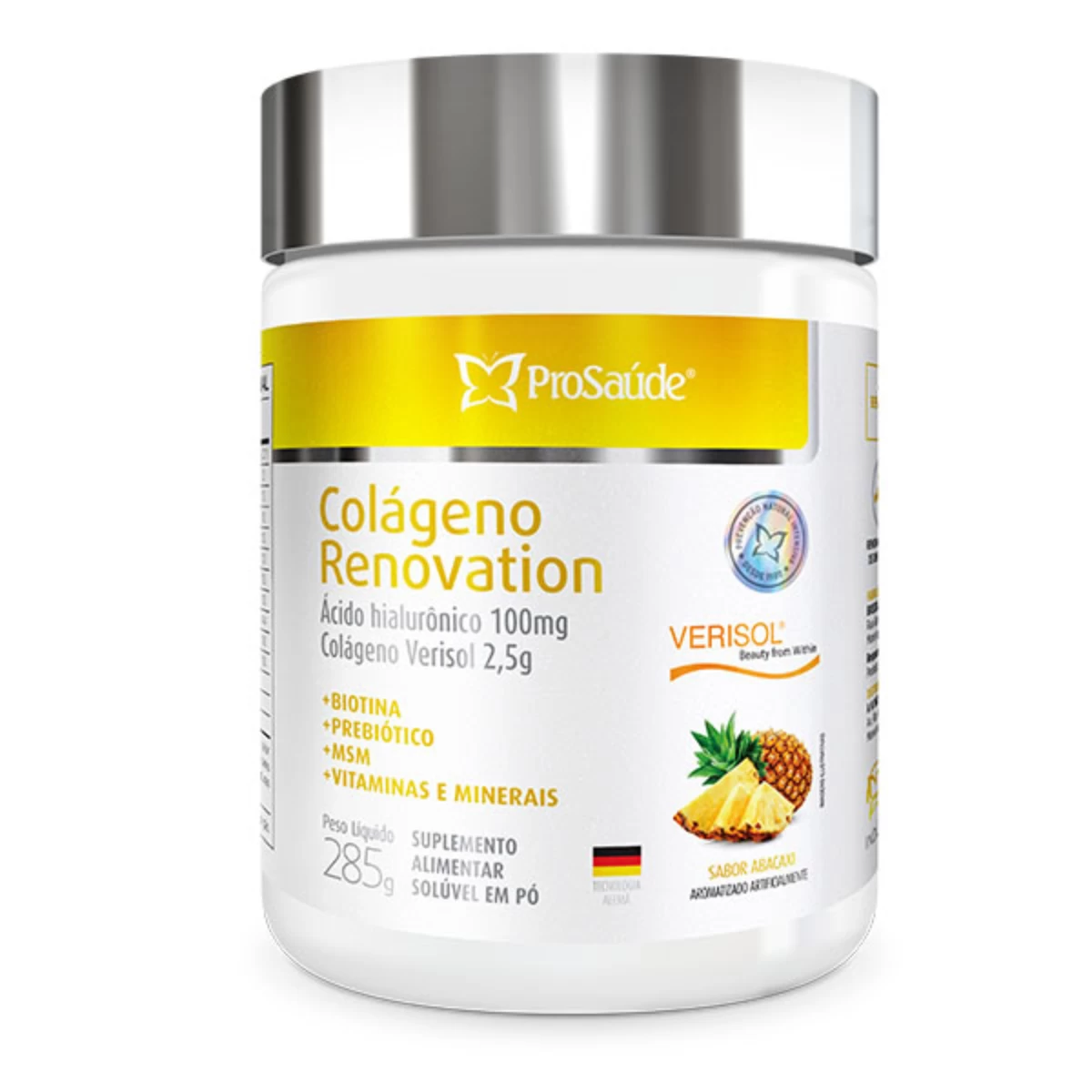 Colageno Renovation - Colágeno hidrolisado + Verisol + ácido hialuronico + Fibras Prebioticas + vitaminas e minerais - Sabor Abacaxi
